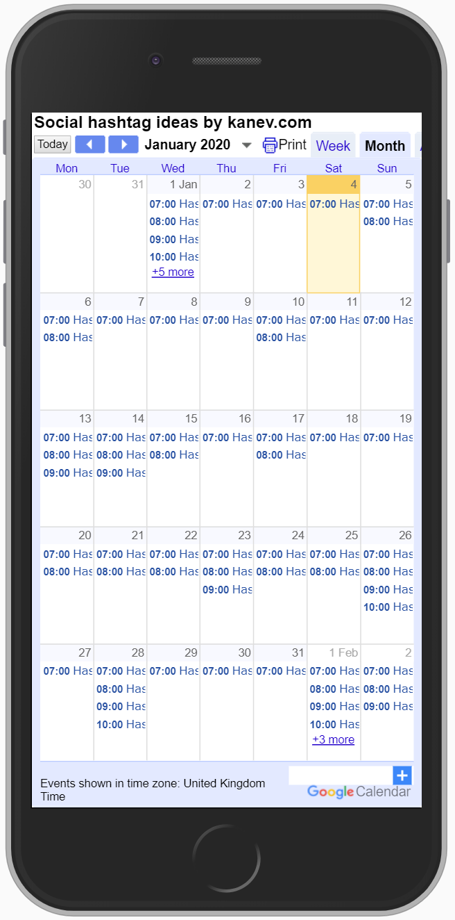 Social media calendar 2020 for mobile